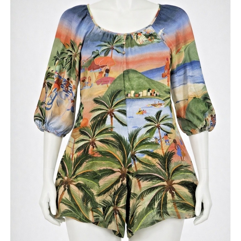 Farm Rio Carioca Printed Tropical Mini Romper Puff Sleeves Women's Size Med BOHO